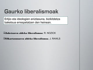 Erlijio eta ideologien aniztasuna, bizikitdetza
baketsua errespetatzen den heinean.


Jabetzaren aldeko liberalismoa: R. NOZICK

Elkartasunaren aldeko liberalismoa. J. RAWLS
 