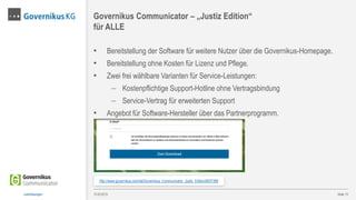• Bereitstellung der Software für weitere Nutzer über die Governikus-Homepage.
• Bereitstellung ohne Kosten für Lizenz und Pflege.
• Zwei frei wählbare Varianten für Service-Leistungen:
 Kostenpflichtige Support-Hotline ohne Vertragsbindung
 Service-Vertrag für erweiterten Support
• Angebot für Software-Hersteller über das Partnerprogramm.
Seite 13
Governikus Communicator – „Justiz Edition“
für ALLE
13.03.2015Justizlösungen
http://www.governikus.com/de/Governikus_Communicator_Justiz_Edition/6937388
 