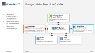 • Governikus
Communicator –
„Justiz Edition“
• Governikus Add-In
for Microsoft Office
• Governikus
MultiMessenger
Seite 8
Lösungen mit dem Governikus-Portfolio
Lösung zur Integration in Microsoft Office
Programme für EGVP-Kommunikation
Serverbasierte Lösung für die Nutzung
verschiedener Kanäle
Serverbasierte LösungEigenständige Client-Anwendung
Client-Anwendung als Alternative zum
EGVP Classic
13.03.2015Justizlösungen
 