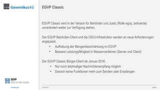 EGVP Classic wird in der Version für Behörden und Justiz (Rolle egvp_behoerde)
unverändert weiter zur Verfügung stehen.
Der EGVP Behörden-Client und die OSCI-Infrastruktur werden an neue Anforderungen
angepasst.
• Aufhebung der Mengenbeschränkung im EGVP
• Bessere Leistungsfähigkeit in Massenverfahren (Server und Client)
Der EGVP Classic Bürger-Client ab Januar 2016:
• Nur noch letztmaliger Nachrichtenempfang möglich
• Danach keine Funktionen mehr zum Senden oder Empfangen
Seite 9
EGVP Classic
13.03.2015Justizlösungen
 