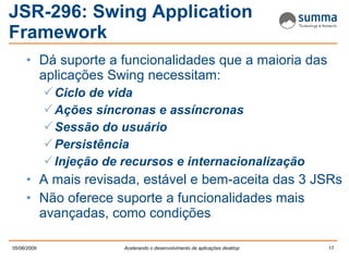 JSR-296: Swing Application Framework Dá suporte a funcionalidades que a maioria das aplicações Swing necessitam: Ciclo de vida Ações síncronas e assíncronas Sessão do usuário Persistência Injeção de recursos e internacionalização A mais revisada, estável e bem-aceita das 3 JSRs Não oferece suporte a funcionalidades mais avançadas, como condições 