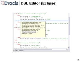 Engine de Regras: Runtime Se a compra for  acima de R$ 100,00,  então aplique 10%  de desconto. Compra( R$ 80,00 )‏ Compra( R$ 135,00 )‏ Compra( R$ 40,00 )‏ Compra( R$ 200,00 )‏ Aplicação Drools Production Memory Working Memory Engine executa a regra para compra 2. 