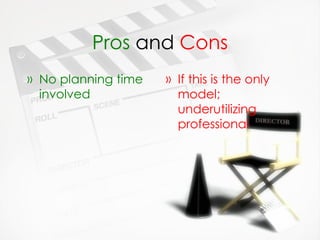 Pros  and  Cons No planning time involved If this is the only model; underutilizing professional 