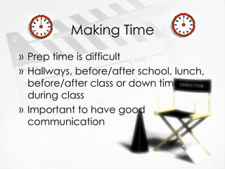 Making Time Prep time is difficult Hallways, before/after school, lunch, before/after class or down time during class Important to have good communication 