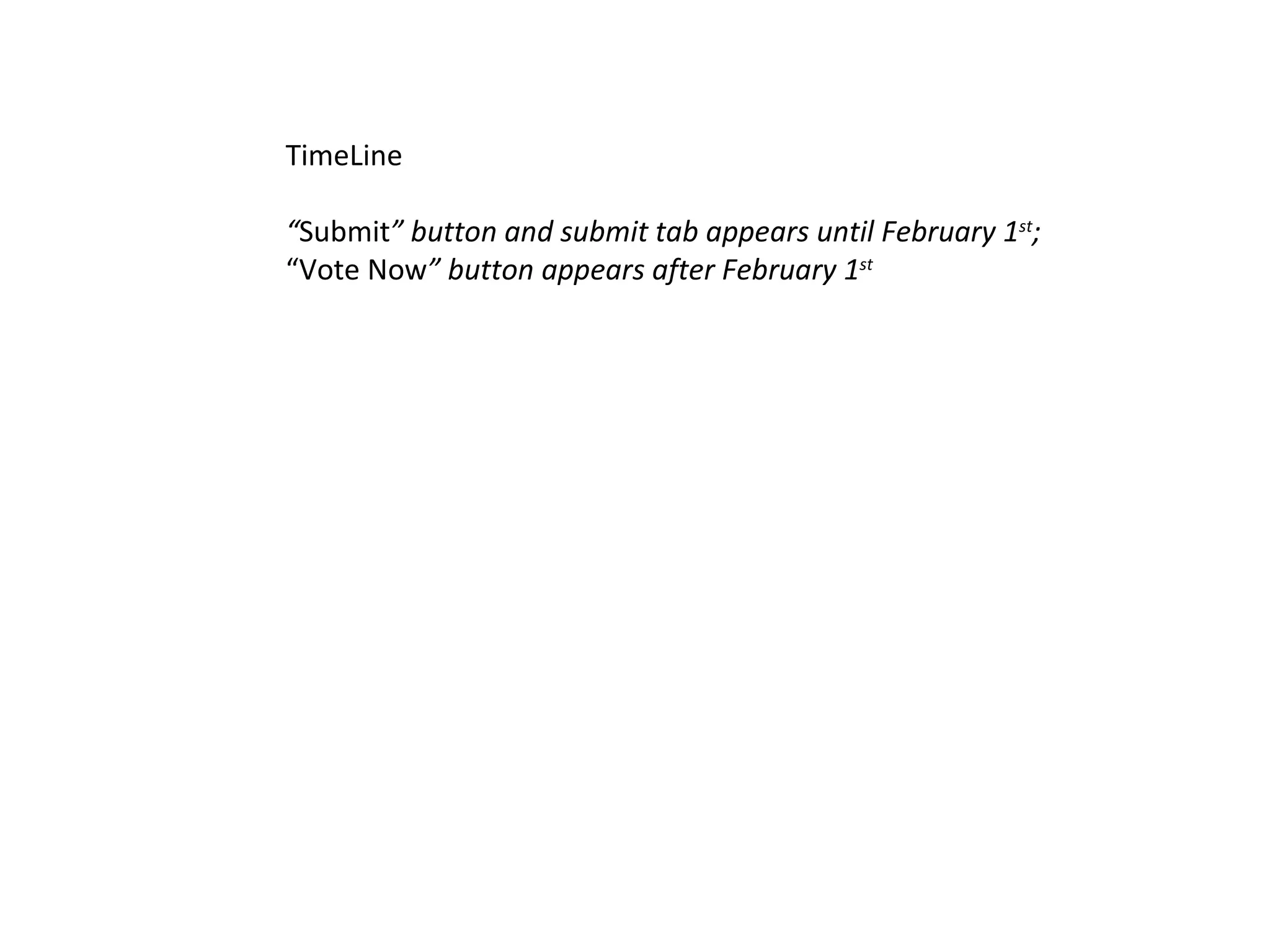 TimeLine “ Submit ” button and submit tab appears until February 1 st ;  “ Vote Now ” button appears after February 1 st 