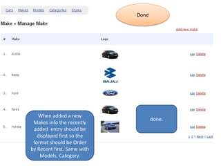 Donedone. When added a new Makes info the recently added  entry should be displayed first so the  format should be Order by Recent first. Same with Models, Category.