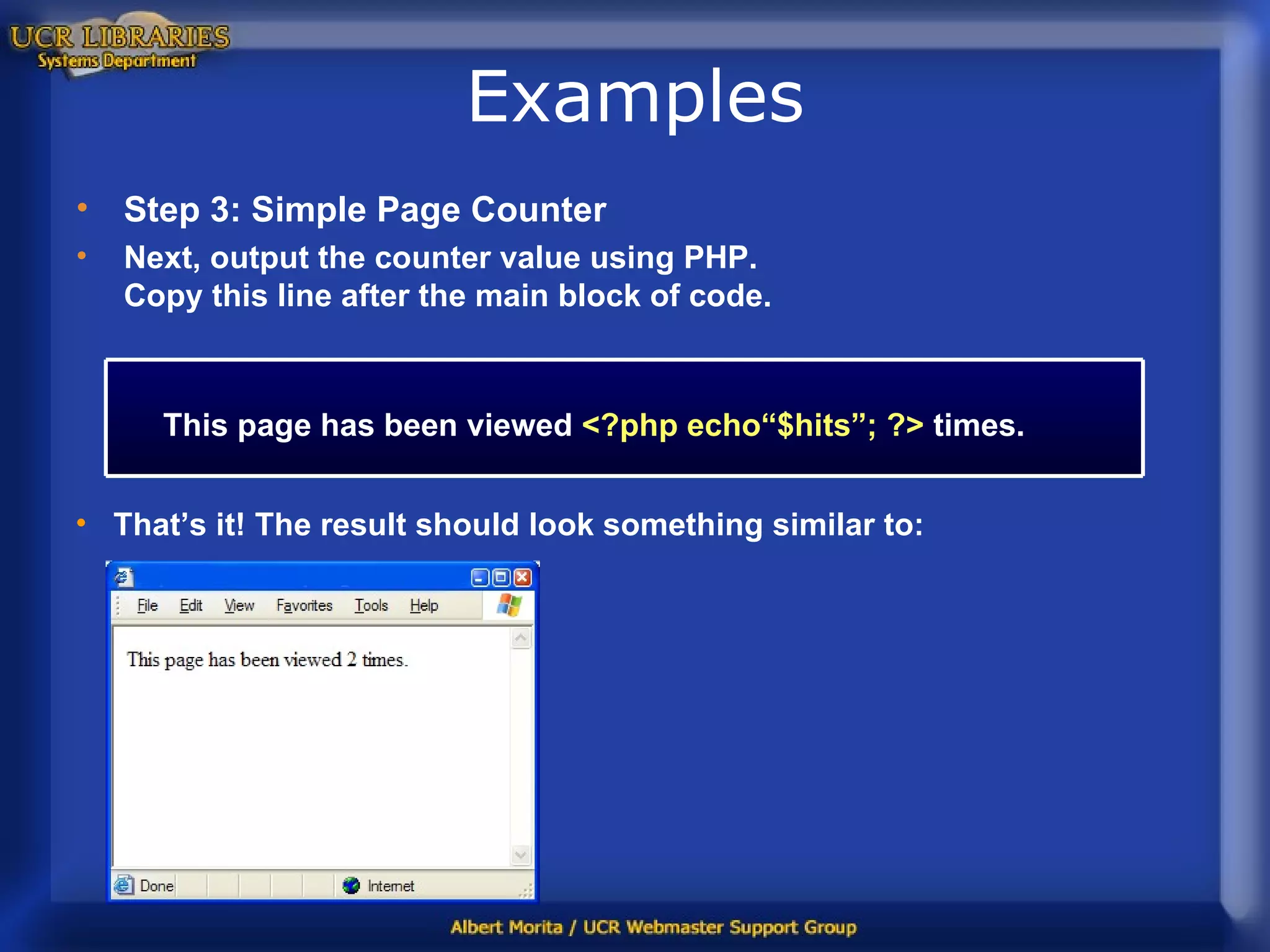Examples Step 3: Simple Page Counter Next, output the counter value using PHP.  Copy this line after the main block of code. That’s it! The result should look something similar to: This page has been viewed   <?php echo“$hits”; ?>   times. 