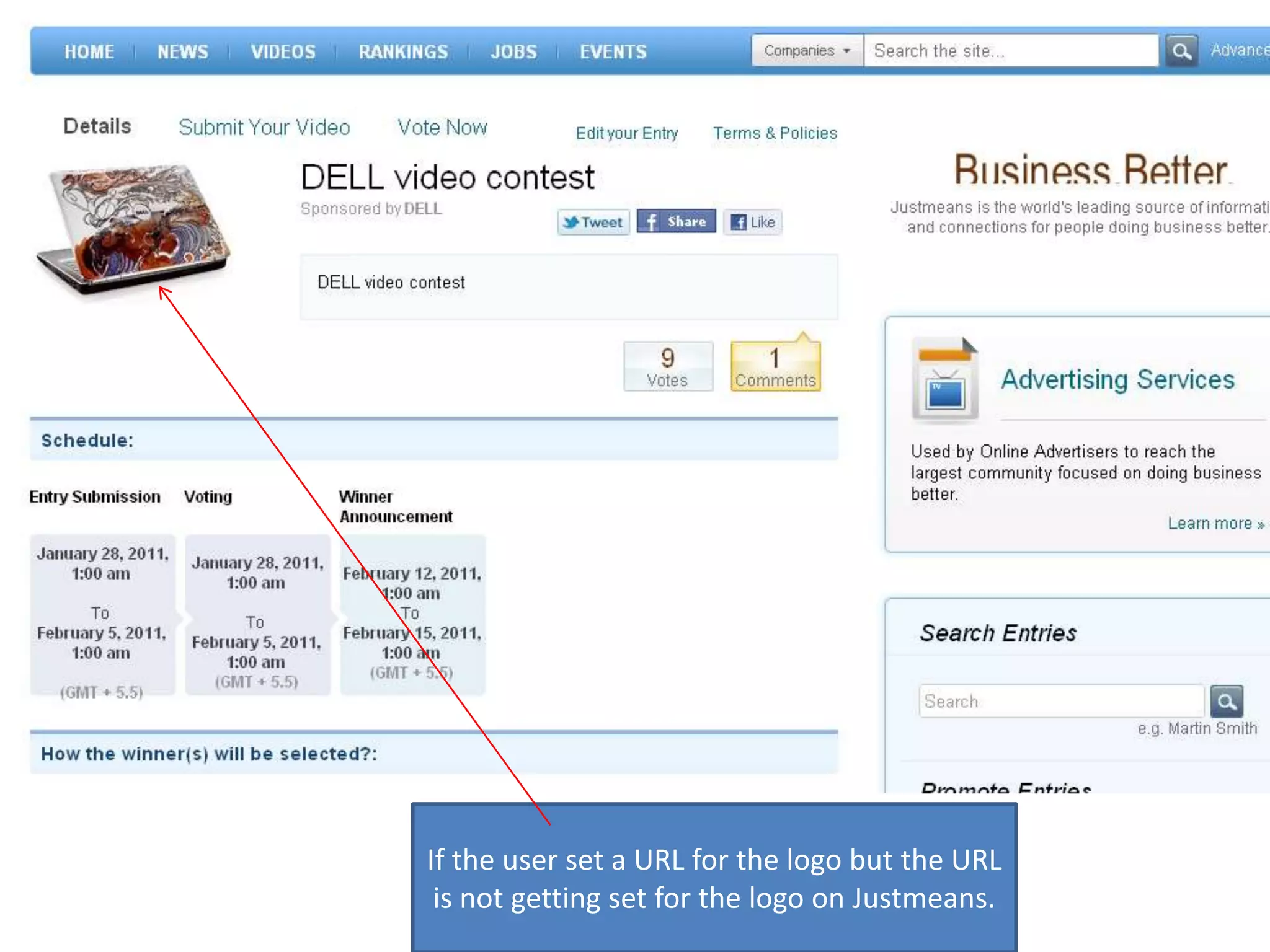 If the user set a URL for the logo but the URL is not getting set for the logo on Justmeans.