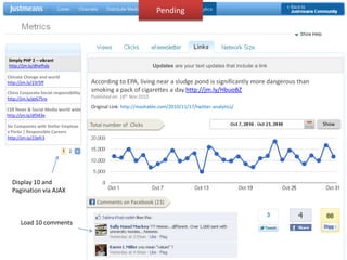 PendingSimply PHP 2 – vikranthttp://jm.ly/dhefhdsUpdates are your text updates that include a linkClimate Change and worldhttp://jm.ly/23r5ffAccording to EPA, living near a sludge pond is significantly more dangerous than smoking a pack of cigarettes a day.http://jm.ly/HbuoBZPublished on: 18th Nov 2010China Corporate Social responsibilityhttp://jm.ly/gt675reOriginal Link: http://mashable.com/2010/11/17/twitter-analytics/CSR News & Social Media world widehttp://jm.ly/df343eTotal number of  ClicksShowSix Companies with Stellar Employee Perks | Responsible Careers http://jm.ly/23efr3Display 10 andPagination via AJAXComments on Facebook (23)Load 10 comments