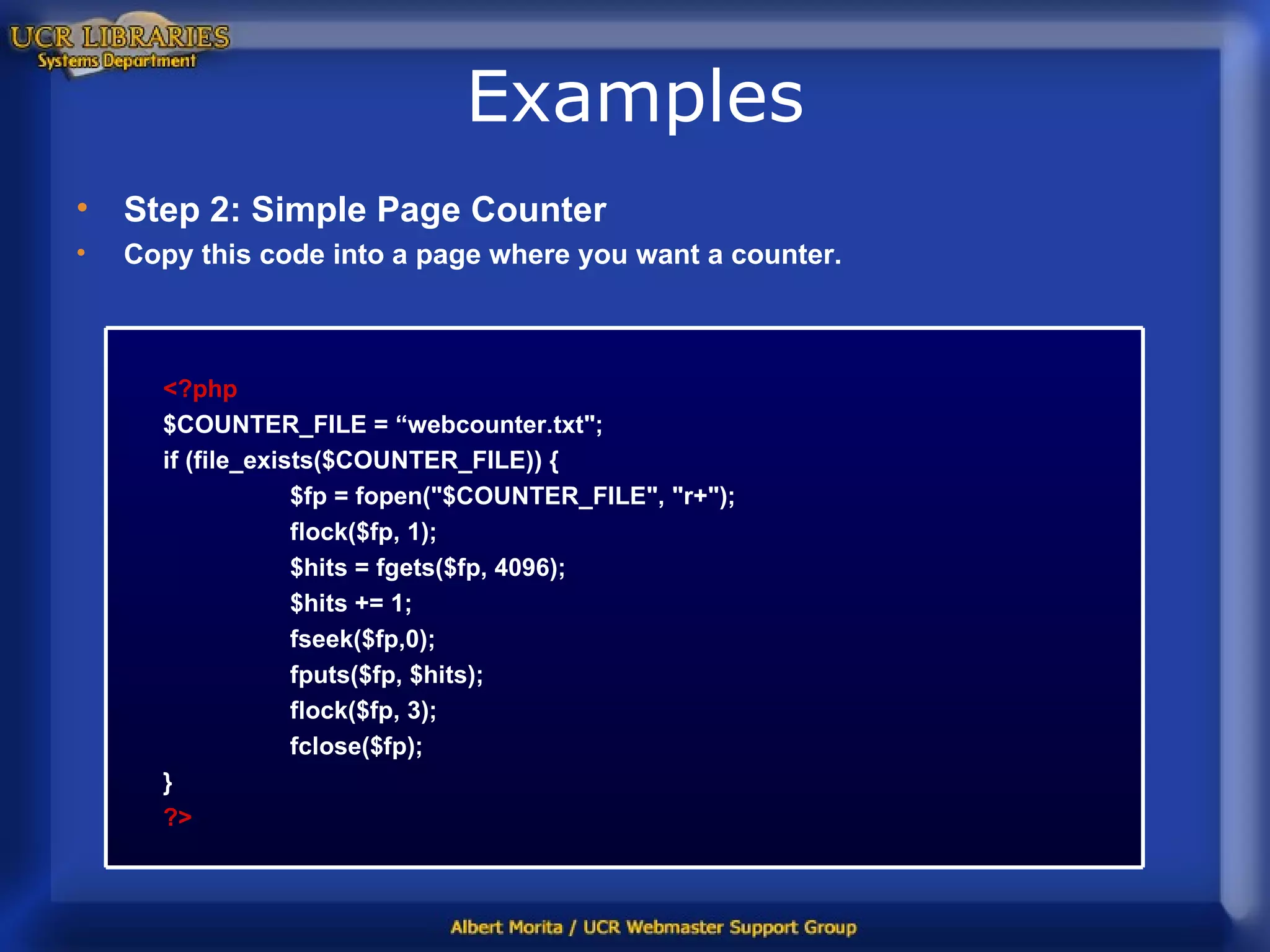 Examples Step 2: Simple Page Counter Copy this code into a page where you want a counter. <?php $COUNTER_FILE = “webcounter.txt&quot;; if (file_exists($COUNTER_FILE)) { $fp = fopen(&quot;$COUNTER_FILE&quot;, &quot;r+&quot;); flock($fp, 1); $hits = fgets($fp, 4096); $hits += 1;  fseek($fp,0); fputs($fp, $hits); flock($fp, 3); fclose($fp); }  ?> 
