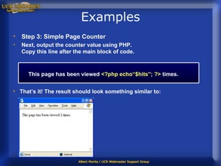 Examples Step 3: Simple Page Counter Next, output the counter value using PHP.  Copy this line after the main block of code. That’s it! The result should look something similar to: This page has been viewed   <?php echo“$hits”; ?>   times. 