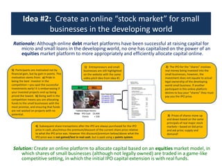 Idea #2:  Create an online “stock market” for small businesses in the developing worldRationale: Although online debt market platforms have been successful at raising capital for micro and small loans in the developing world, no one has capitalized on the power of an equities market platform to more appropriately and efficiently allocate capital online.Solution: Create an online platform to allocate capital based on an equities market model, in which shares of small businesses (although not legally owned) are traded in a game-like competitive setting, in which the initial IPO capital extension is with real funds.  2)  The IPO for the “shares” involves real money being invested into the small businesses, however, the investment does not equate to actual legal ownership of the developing world small business. If another participant in this online platform desires to buy your “shares” they must pay you the IPO price. 1)   Entrepreneurs and small businesses are still highlighted on the website with the same video pitch idea from Idea #15)  Participants are motivated not by financial gain, but by gain in points. This motivation stems from:  a) Pride in being the best  investor in the competition—you spot the successful investments early! It is embarrassing if your invested projects end up being priced the lowest.  b) Doing well in the competition means you are allocating funds to the small businesses with the most promise, and ensuring that funds are not wasted on projects with no potential. BUYSELLPrice:   IPO Cash    $3,400               Points          + 330 3)  Prices of shares move up and down based on the same principals of real major stock markets—based on bid price and ask price; supply and demand! 4)  Subsequent share transactions after the IPO are always purchased for the IPO price in cash, plus/minus the premium/discount of the current share price relative to what the IPO price was. However this discount/premium below/above what the IPO price was is notgained/lost in real cash, but is paid using a points system. 
