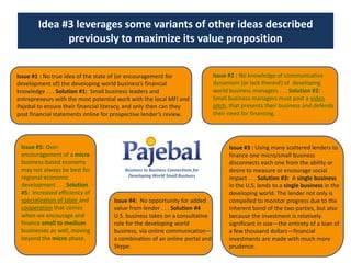 Idea #3 leverages some variants of other ideas described previously to maximize its value propositionIssue #2 : No knowledge of communicative dynamism (or lack thereof) of  developing world business managers . . . Solution #2:   Small business managers must post a video pitch, that presents their business and defends their need for financing.Issue #1 : No true idea of the state of (or encouragement for development of) the developing world business’s financial knowledge . . . Solution #1:  Small business leaders and entrepreneurs with the most potential work with the local MFI and Pajebal to ensure their financial literacy, and only then can they post financial statements online for prospective lender’s review.Issue #5: Over-encouragement of a micro business-based economy may not always be best for regional economic development . . . Solution #5:  Increased efficiency of specialization of labor and cooperation that comes when we encourage and finance small to medium businesses as well, moving beyond the micro phase. Issue #3 : Using many scattered lenders to finance one micro/small business  disconnects each one from the ability or desire to measure or encourage social impact . . . Solution #3:  Asinglebusiness in the U.S. lends to a singlebusiness in the developing world. The lender not only is compelled to monitor progress due to the inherent bond of the two parties, but also because the investment is relatively significant in size—the entirety of a loan of a few thousand dollars—financial investments are made with much more prudence. Business to Business Connections for Developing World Small BusinessIssue #4:  No opportunity for added value from lender . . . Solution #4  U.S. business takes on a consultative role for the developing world business, via online communication—a combination of an online portal and Skype. 