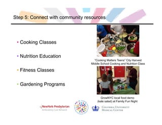 Step 5: Connect with community resources
• Cooking Classes
• Nutrition Education
• Fitness Classes
• Gardening Programs
“Cooking Matters Teens” City Harvest
Middle School Cooking and Nutrition Class
GrowNYC local food demo
(kale salad) at Family Fun Night
 