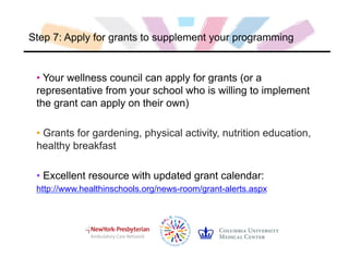 Step 7: Apply for grants to supplement your programming
• Your wellness council can apply for grants (or a
representative from your school who is willing to implement
the grant can apply on their own)
• Grants for gardening, physical activity, nutrition education,
healthy breakfast
• Excellent resource with updated grant calendar:
http://www.healthinschools.org/news-room/grant-alerts.aspx
 