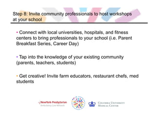 Step 8: Invite community professionals to host workshops
at your school
• Connect with local universities, hospitals, and fitness
centers to bring professionals to your school (i.e. Parent
Breakfast Series, Career Day)
• Tap into the knowledge of your existing community
(parents, teachers, students)
• Get creative! Invite farm educators, restaurant chefs, med
students
 