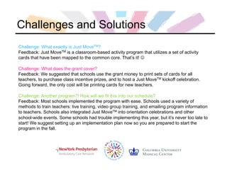 Challenges and Solutions
Challenge: What exactly is Just MoveTM?
Feedback: Just MoveTM is a classroom-based activity program that utilizes a set of activity
cards that have been mapped to the common core. That’s it! 
Challenge: What does the grant cover?
Feedback: We suggested that schools use the grant money to print sets of cards for all
teachers, to purchase class incentive prizes, and to host a Just MoveTM kickoff celebration.
Going forward, the only cost will be printing cards for new teachers.
Challenge: Another program?! How will we fit this into our schedule?
Feedback: Most schools implemented the program with ease. Schools used a variety of
methods to train teachers: live training, video group training, and emailing program information
to teachers. Schools also integrated Just MoveTM into orientation celebrations and other
school-wide events. Some schools had trouble implementing this year, but it’s never too late to
start! We suggest setting up an implementation plan now so you are prepared to start the
program in the fall.
 
