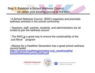 Step 3: Establish a School Wellness Council
(or utilize your existing council to the max)
• A School Wellness Council (SWC) organizes and promotes
wellness activities in the school community
• Teachers, staff, parents, students, and administrators are all
invited to join the wellness council
• The SWC is a great way to ensure the sustainability of the
Just Move
TM
program
• Alliance for a Healthier Generation has a great school wellness
council toolkit:
https://schools.healthiergeneration.org/_asset/wwj4dq/
SchoolWellnessCouncilToolkit.pdf
 