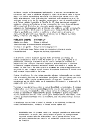 problemas surgían en las empresas tradicionales, la respuesta era aumentar las
existencias para tapar el problema. Un ejemplo típico de problemas sería el de una
planta que tuviera una máquina poco fiable que suministrara piezas a ot ra, más
fiable, y la respuesta típica de la dirección tradicional sería mantener un stock de
seguridad grande entre las dos máquinas para asegurar que a la segunda máquina
no le faltara trabajo. En cambio, la filosofía del JIT indica que cuando aparecen
problemas debemos enfrentarnos a ellos y resolverlos (las rocas deben eliminarse
del lecho del río). El nivel de las existencias puede reducirse entonces
gradualmente hasta descubrir otro problema; este problema también se resolvería,
y así sucesivamente. En el caso de la máquina poco fiable, la filosofía del JIT nos
indicaría que había que resolver el problema, y a fuera con un programa de
mantenimiento preventivo que mejorara la fiabilidad de la máquina o, si éste
fallara, comprando una máquina más fiable.
PROBLEMAS (ROCAS) SOLUCION JIT
Máquina poco fiable Mejorar la fiabilidad
Zonas con cuellos de botella Aumentar la capacidad
Tamaños de lote grandes Reducir el tiempo de preparación
Plazos de fabricación largos Reducir colas, etc., mediante un sistema de arrastre
Calidad deficiente Mejorar los procesos y/o proveedores
En la anterior tabla se muestran algunos de los problemas (escollos) y las
respectivas soluciones Just-in-Time. Así el enfoque JIT ante una máquina o un
proceso que constituye un cuello de botella consiste en reducir el tiempo de
preparación para conseguir una mayor capacidad, buscar máquinas o procesos
alternativos, comprar capacidad adicional o incluso subcontratar el trabajo en
exceso. Un directivo JIT reconoce que ni un aumento del stock de seguridad ni una
programación más compleja logrará resolver el problema fundamental; lo único que
hace es tapar temporalmente las rocas.
Eliminar despilfarros. En este contexto significa eliminar todo aquello que no añada
valor al producto. Ejemplos de operaciones que añaden valor son los procesos como
cortar metal, soldar, insertar componentes electrónicos, etc. Ejemplos de
operaciones que no añaden valor son la inspección, el transporte, el almacenaje, la
preparación, entre otros.
Tomemos el caso de la inspección y el control de calidad como ejemplos. El enfoque
tradicional es tener inspectores estratégicamente situados para examinar las piezas
y, si es necesario, interceptarlas. Esto conlleva ciertas desventajas, incluyendo el
tiempo que se tarda en inspeccionar las piezas y el hecho de que los inspectores
muchas veces descubren los fallos cuando ya se ha fabricado un lote entero, con lo
cual hay que reprocesar todo el lote o desecharlo, dos soluciones sin lugar a dudas
muy caras.
En el enfoque Just-in-Time se orienta a eliminar la necesidad de una fase de
inspección independiente, poniendo el énfasis en dos imperativos:
1. Haciéndolo bien a la primera. Dado que conseguir productos de alta calidad
normalmente no resulta más caro que fabricar productos de baja calidad,
¿por qué no fabricarlos de alta calidad? Todo lo que se necesita es un
esfuerzo concentrado para depurar las tendencias que propician la aparición
de defectos.
 