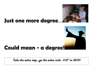 Just one more degree...
Could mean - a degree!
Take the extra step…go the extra mile - 212° in 2012!
 