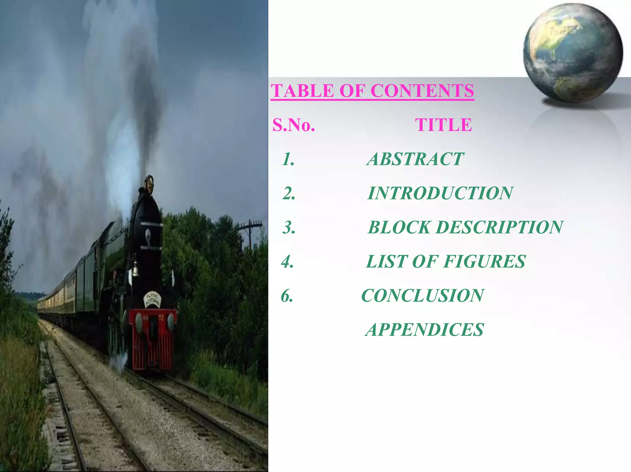 TABLE OF CONTENTS
S.No.

TITLE

1.

ABSTRACT

2.

INTRODUCTION

3.

BLOCK DESCRIPTION

4.

LIST OF FIGURES

6.

CONCLUSION
APPENDICES

 