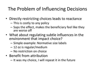 Sin and VirtueThe food environment responds to usMarketers have learned to sell sinful foods to those in a hot stateHealthy convenience food is generally a flopHealthy fast food is a flopBad foods that are difficult to prepare are also less successfulHealthy food and portions must be sold where individuals are likely in a cold stateThe more distracted the consumer, the worse the food