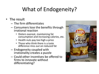 The Problem of Influencing DecisionsDirectly restricting choices leads to reactanceThis is costly to any policySaps the effect, makes the beneficiary feel like they are worse offWhat about regulating subtle influences in the environment that impact choice?Simple example: Normative size labels12 oz is regular/mediumNo restriction on choiceBenefit from attributionIt was my choice, I will repeat it in the future