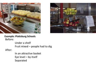 What WorksSmall inexpensive changesSubtle nudges in the right directionReframing the decision of what to eatChanges that kids will seldom even noticeIf they think it’s their choice it can form a habit