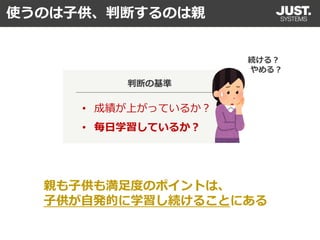 続ける？
やめる？
判断の基準
• 成績が上がっているか？
親も子供も満足度のポイントは、
子供が自発的に学習し続けることにある
使うのは子供、判断するのは親
• 毎日学習しているか？
 