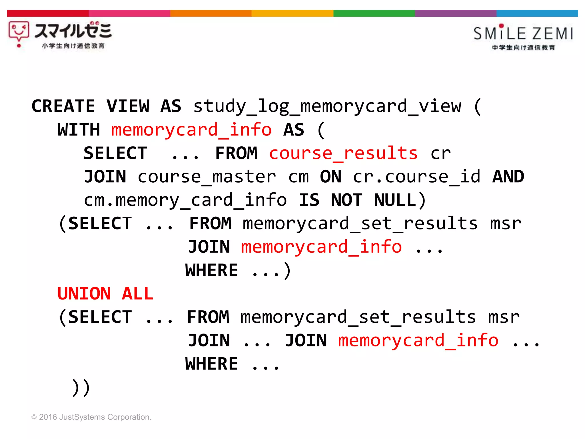© 2016 JustSystems Corporation.
CREATE VIEW AS study_log_memorycard_view (
WITH memorycard_info AS (
SELECT ... FROM course_results cr
JOIN course_master cm ON cr.course_id AND
cm.memory_card_info IS NOT NULL)
(SELECT ... FROM memorycard_set_results msr
JOIN memorycard_info ...
WHERE ...)
UNION ALL
(SELECT ... FROM memorycard_set_results msr
JOIN ... JOIN memorycard_info ...
WHERE ...
))
 