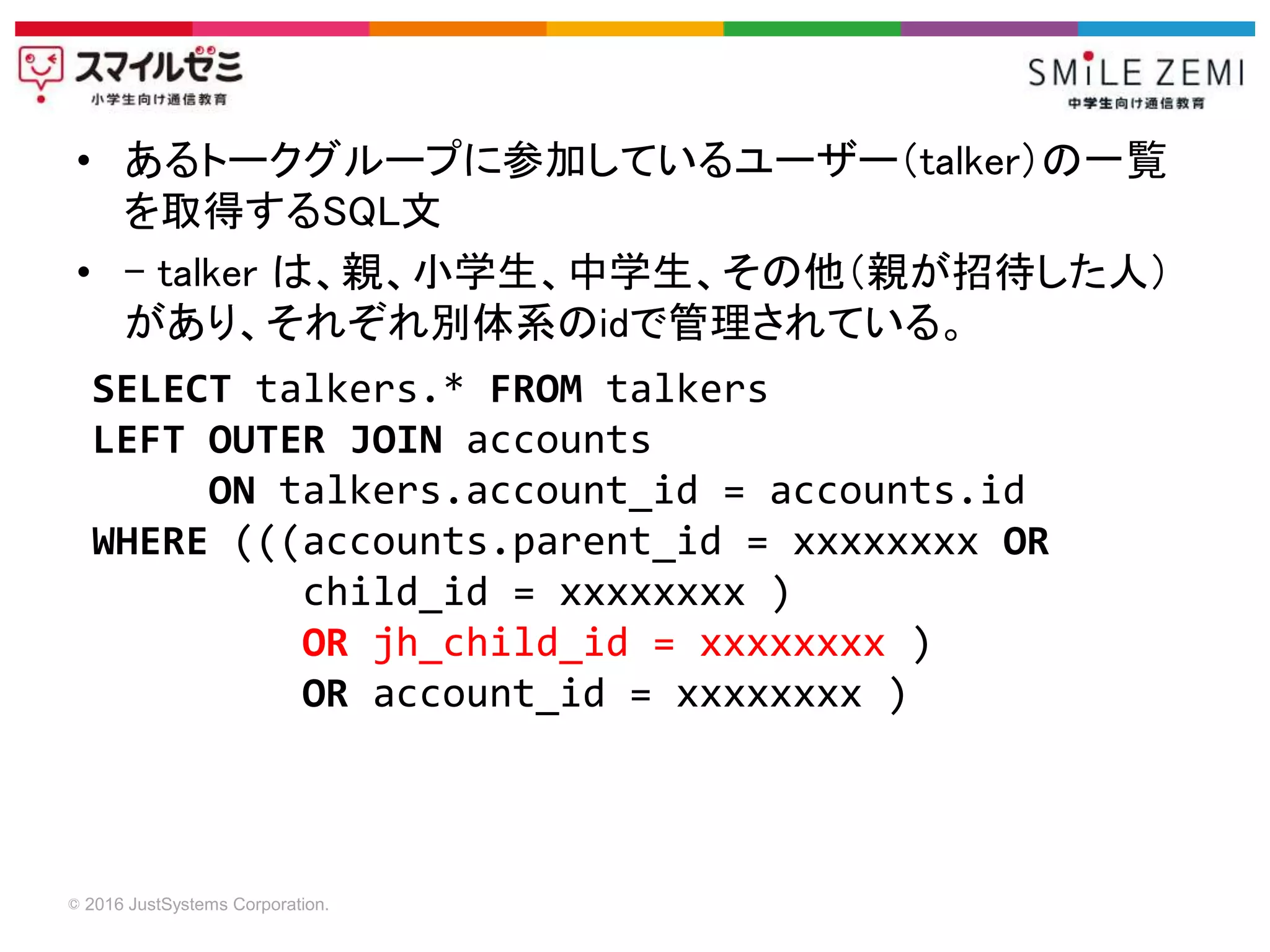 © 2016 JustSystems Corporation.
• あるトークグループに参加しているユーザー（talker）の一覧
を取得するSQL文
• - talker は、親、小学生、中学生、その他（親が招待した人）
があり、それぞれ別体系のidで管理されている。
SELECT talkers.* FROM talkers
LEFT OUTER JOIN accounts
ON talkers.account_id = accounts.id
WHERE (((accounts.parent_id = xxxxxxxx OR
child_id = xxxxxxxx )
OR jh_child_id = xxxxxxxx )
OR account_id = xxxxxxxx )
 