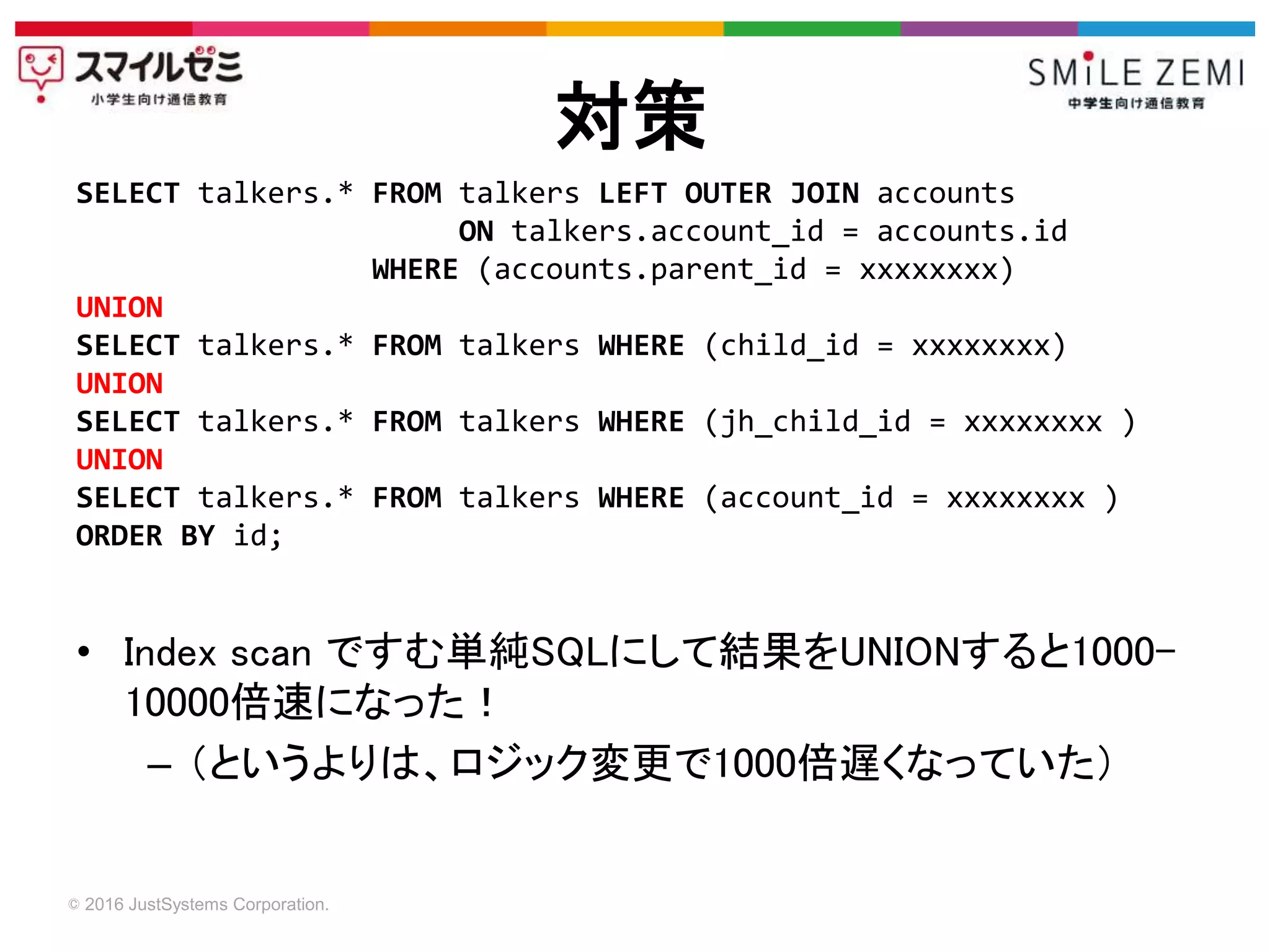 © 2016 JustSystems Corporation.
• Index scan ですむ単純SQLにして結果をUNIONすると1000-
10000倍速になった！
– （というよりは、ロジック変更で1000倍遅くなっていた）
対策
SELECT talkers.* FROM talkers LEFT OUTER JOIN accounts
ON talkers.account_id = accounts.id
WHERE (accounts.parent_id = xxxxxxxx)
UNION
SELECT talkers.* FROM talkers WHERE (child_id = xxxxxxxx)
UNION
SELECT talkers.* FROM talkers WHERE (jh_child_id = xxxxxxxx )
UNION
SELECT talkers.* FROM talkers WHERE (account_id = xxxxxxxx )
ORDER BY id;
 