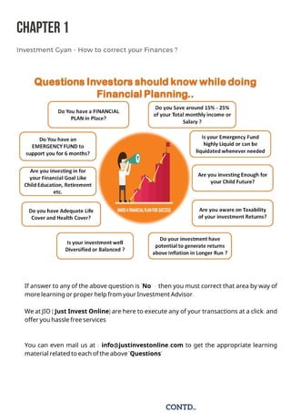 TALK TO US AT : 12345677777
CHAPTER1
Investment Gyan - How to correct your Finances ?
If answer to any of the above question is 'No' - then you must correct that area by way of
more learning or proper help from your Investment Advisor.
We at JIO ( Just Invest Online) are here to execute any of your transactions at a click, and
offer you hassle free services
You can even mail us at : info@justinvestonline.com to get the appropriate learning
material related to each of the above 'Questions'
CONTD..
 