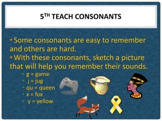 5TH TEACH CONSONANTS


• Some consonants are easy to remember
and others are hard.
• With these consonants, sketch a picture
that will help you remember their sounds.
   • g = game
   • j = jug
   • qu = queen
   • x = fox
   • y = yellow
 