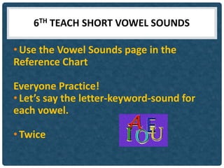 6TH TEACH SHORT VOWEL SOUNDS

• Use the Vowel Sounds page in the
Reference Chart

Everyone Practice!
• Let’s say the letter-keyword-sound for
each vowel.

• Twice
 