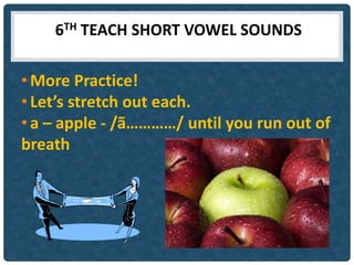 6TH TEACH SHORT VOWEL SOUNDS

• More Practice!
• Let’s stretch out each.
• a – apple - /ã…………/ until you run out of
breath
 