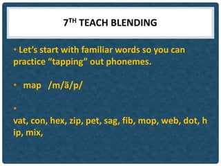 7TH TEACH BLENDING

• Let’s start with familiar words so you can
practice “tapping” out phonemes.

• map /m/ã/p/

•
vat, con, hex, zip, pet, sag, fib, mop, web, dot, h
ip, mix,
 