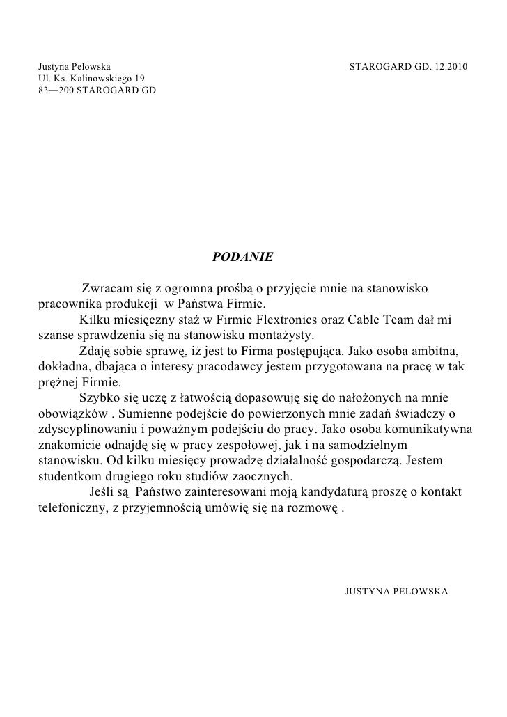 Jak Napisać Podanie O Pracę W Szkole Jako Sprzątaczka Justyna pelowska podanie