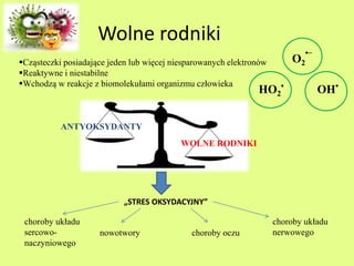 Wolne rodniki 
Cząsteczki posiadające jeden lub więcej niesparowanych elektronów 
Reaktywne i niestabilne 
Wchodzą w reakcje z biomolekułami organizmu człowieka 
ANTYOKSYDANTY 
WOLNE RODNIKI 
„STRES OKSYDACYJNY” 
choroby układu 
sercowo-naczyniowego 
nowotwory choroby oczu 
O2 
_ 
• 
HO• 
OH• 2 
choroby układu 
nerwowego 
 