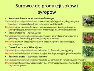 Surowce do produkcji soków i 
syropów 
• Aronia wielkoowocowa - Aronia melanocarpa 
Najważniejsze związki chemiczne: antocyjaniny (3-O-galaktozyd cyjanidyny), 
katechiny, procyjanidyny, kwas chlorogenowy, tokoferole. 
Działanie: silnie przeciwutleniające, antykancerogenne, kardioprotekcyjne, 
antyagregacyjne, neuroprotekcyjne, przeciwzapalne, promieniochronne. 
• Malina właściwa – Rubus idaeus 
Najważniejsze związki chemiczne: antocyjaniny, kwasy fenolowe (elagowy i 
galusowy), flawonoidy, proantocyjanidyny, witaminy. 
Działanie: napotne, przeciwgorączkowe, przeciwzapalne, antyutleniające, 
antymutagenne. 
• Porzeczka czarna – Ribes nigrum 
Najważniejsze związki chemiczne: witamina C, flawonole, antocyjaniny. 
Działanie: witaminizujące, wazoprotekcyjne, kardioprotekcyjne, przeciwzapalne. 
• Żurawina błotna – Oxycoccus palustris 
Najważniejsze związki chemiczne: witamina C, karotenoidy, flawonole, antocyjaniny. 
Działanie: antybakteryjne, wazoprotekcyjne, przeciwzapalne, przeciwwrzodowe, 
antykancerogenne. 
 