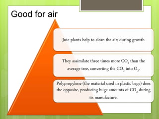 Good for air
Jute plants help to clean the air; during growth
They assimilate three times more CO2 than the
average tree, converting the CO2 into O2.
Polypropylene (the material used in plastic bags) does
the opposite, producing huge amounts of CO2 during
its manufacture.
 