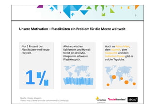 3
Unsere Motivation – Plastiktüten ein Problem für die Meere weltweit
1 /
Nur 1 Prozent der
Plastiktüten wird heute
recycelt.
Alleine zwischen
Kalifornien und Hawaii
treibt ein drei Mio.
Kilogramm schwerer
Plastikteppich.
Auch im Roten Meer,
dem Atlantik, dem
Südpazifik und dem
Indischen Ozean gibt es
solche Teppiche.
Quelle: Utopia.de
Video: http://www.youtube.com/embed/bZ14k4pSpjI
 