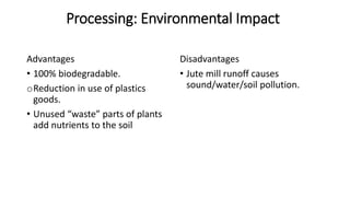Processing: Environmental Impact
Advantages
• 100% biodegradable.
oReduction in use of plastics
goods.
• Unused “waste” parts of plants
add nutrients to the soil
Disadvantages
• Jute mill runoff causes
sound/water/soil pollution.
 