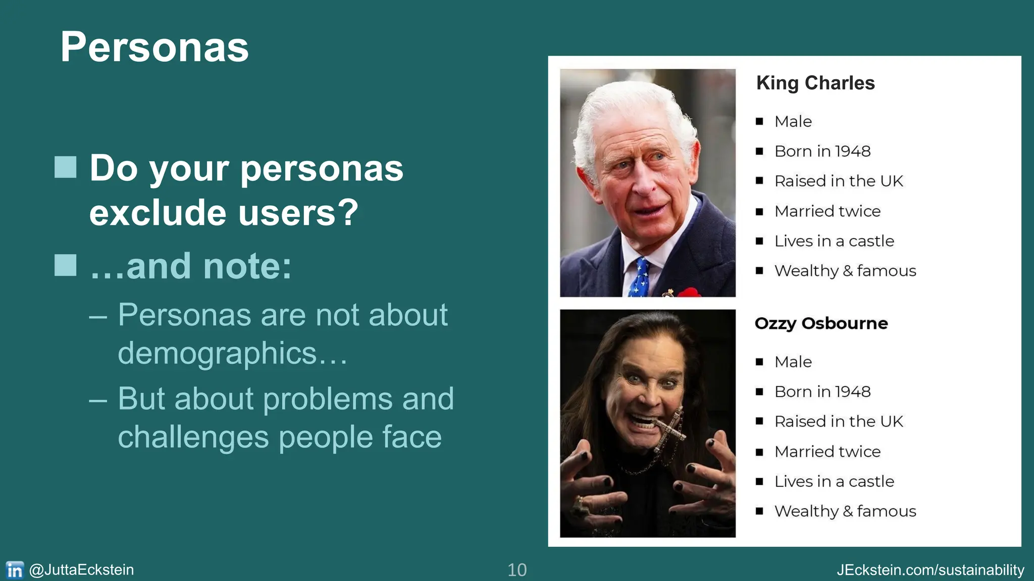 10 JEckstein.com/sustainability
@JuttaEckstein
Personas
◼ Do your personas
exclude users?
◼ …and note:
– Personas are not about
demographics…
– But about problems and
challenges people face
King Charles
 
