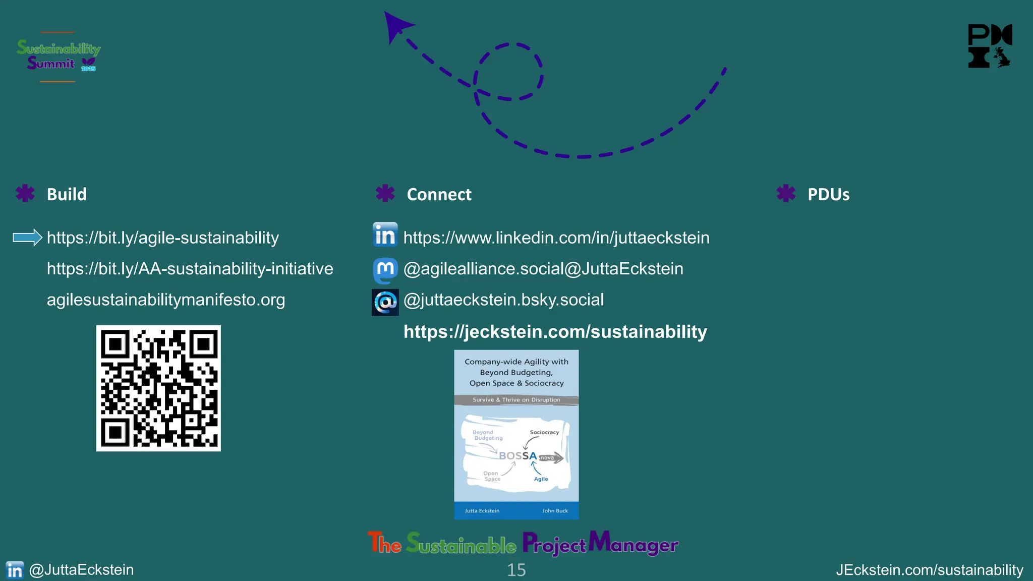 15 JEckstein.com/sustainability
@JuttaEckstein
Build Connect
https://bit.ly/agile-sustainability
https://bit.ly/AA-sustainability-initiative
agilesustainabilitymanifesto.org
https://www.linkedin.com/in/juttaeckstein
@agilealliance.social@JuttaEckstein
@juttaeckstein.bsky.social
https://jeckstein.com/sustainability
PDUs
 