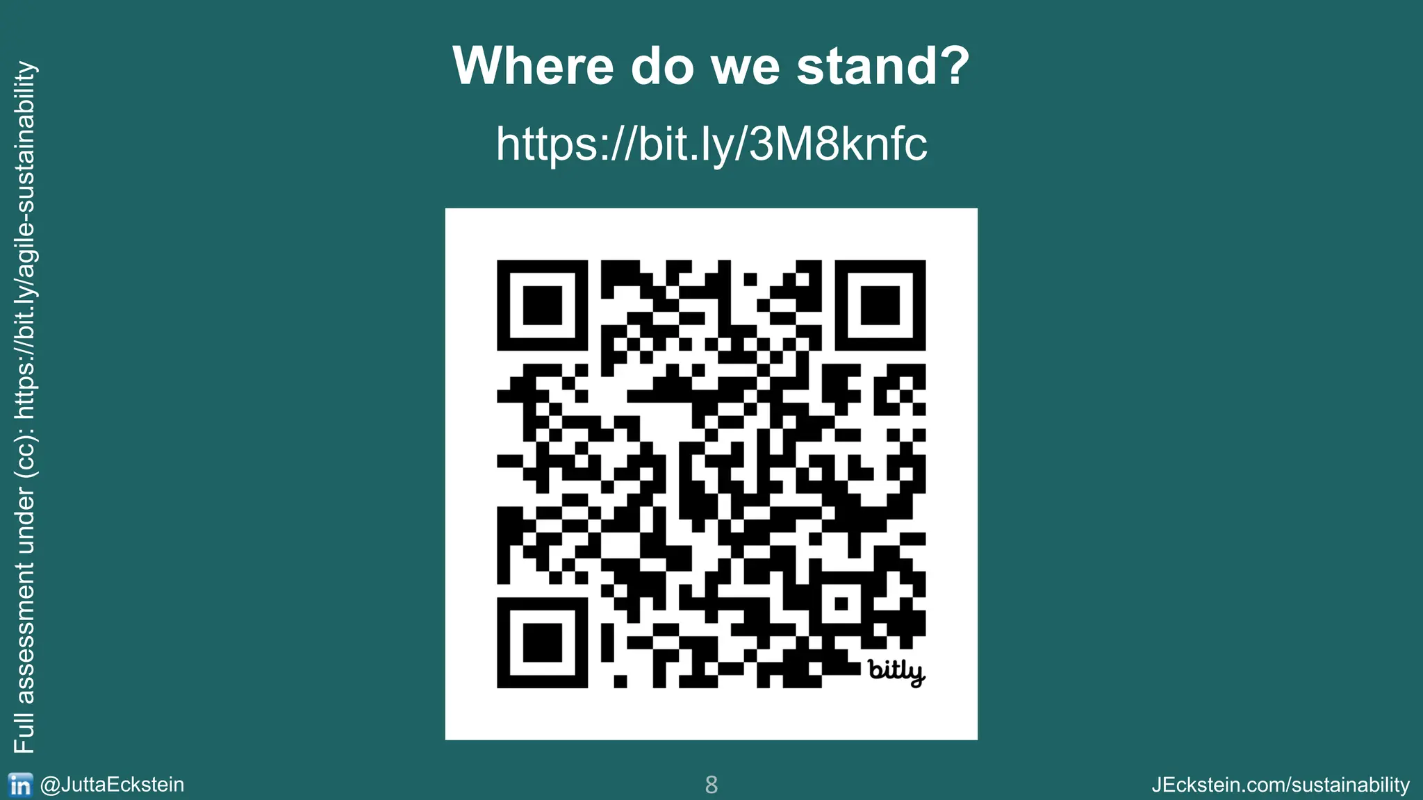 8 JEckstein.com/sustainability
@JuttaEckstein
Where do we stand?
https://bit.ly/3M8knfc
Full
assessment
under
(cc):
https://bit.ly/agile-sustainability
 