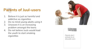 Parents of Juul-users
1. Believe it is just as harmful and
addictive as cigarettes
2. Do no mind young adults using it
3. Unaware it is an increasing
problem amongst the teens
4. Do not believe Juuls would lead
the youth to start smoking
cigarettes Parents don’t
actively try to
dissuade users
 