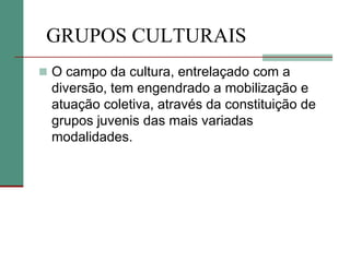 GRUPOS CULTURAIS
 O campo da cultura, entrelaçado com a
  diversão, tem engendrado a mobilização e
  atuação coletiva, através da constituição de
  grupos juvenis das mais variadas
  modalidades.
 
