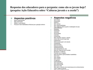 Respostas dos educadores para a pergunta: como são os jovens hoje?
(pesquisa Ação Educativa sobre “Culturas juvenis e a escola”)


 Aspectos positivos                                              Aspectos negativos
                                                                    Sem limites
   Menos dependentes
                                                                    Desiludidos
   Mais informados
                                                                    Apáticos
   Sabem o que querem
                                                                    Sem valores
   Possuem mais habilidades artísticas que a geração anterior
                                                                    Sem responsabilidade
                                                                    Sem objetivos claros quanto à realização de suas
                                                                     potencialidades
                                                                    Rebeldes
                                                                    Petulantes
                                                                    Atrevidos
                                                                    Acomodados
                                                                    Carentes
                                                                    Irreverentes
                                                                    Não respeitam regras e valores
                                                                    Vivem sob a lei do mais forte
                                                                    Preguiçosos
                                                                    Não se preocupam com estudo
                                                                    Imediatistas
                                                                    Desmotivados
                                                                    Despreocupados
                                                                    Desesperançosos
                                                                    Sem perspectiva de vida
                                                                    Não tem noção de erto e errado
                                                                    Banalizam a violência
                                                                    Prendem-se a imagens
                                                                    Não aproveitam oportunidades insatisfeitos
                                                                    Sem rumo
                                                                    Sem utopias
                                                                    Sem sonhos
                                                                    Arrogantes
                                                                    Individualistas
                                                                    Sem esperanças
                                                                    Sem autocontrole
                                                                    Sem fé na vida
                                                                    Não vêem a escola como transmissora de conhecimentos
                                                                    Usam violência gratuita
 