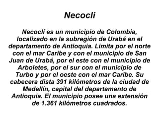 Necocli
Necoclí es un municipio de Colombia,
localizado en la subregión de Urabá en el
departamento de Antioquia. Limita por el norte
con el mar Caribe y con el municipio de San
Juan de Urabá, por el este con el municipio de
Arboletes, por el sur con el municipio de
Turbo y por el oeste con el mar Caribe. Su
cabecera dista 391 kilómetros de la ciudad de
Medellín, capital del departamento de
Antioquia. El municipio posee una extensión
de 1.361 kilómetros cuadrados.
 